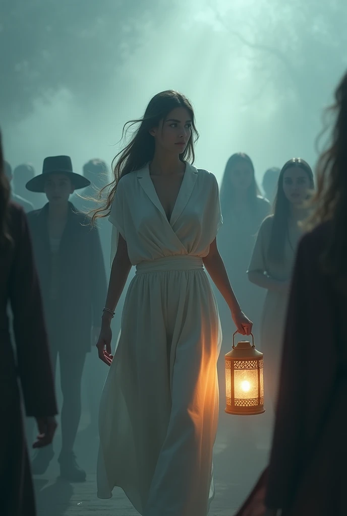 A woman walks holding a lantern amidst a wall of men and women, small, beautiful and confident poses, with a sea of mist.