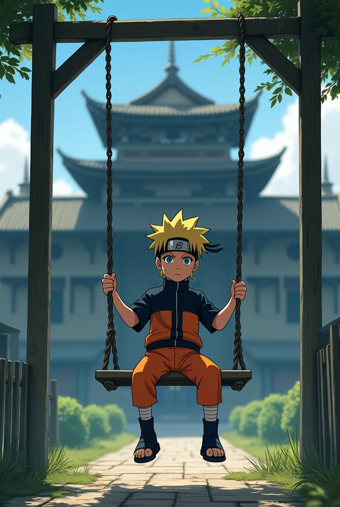 Naruto Uzumaki from the anime Naruto as an boy sadly playing alone on the swing in front of the Shinobi Academy Anime,