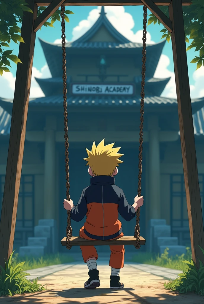 Naruto Uzumaki from the anime Naruto as an boy sadly playing alone on the swing in front of the Shinobi Academy Anime,