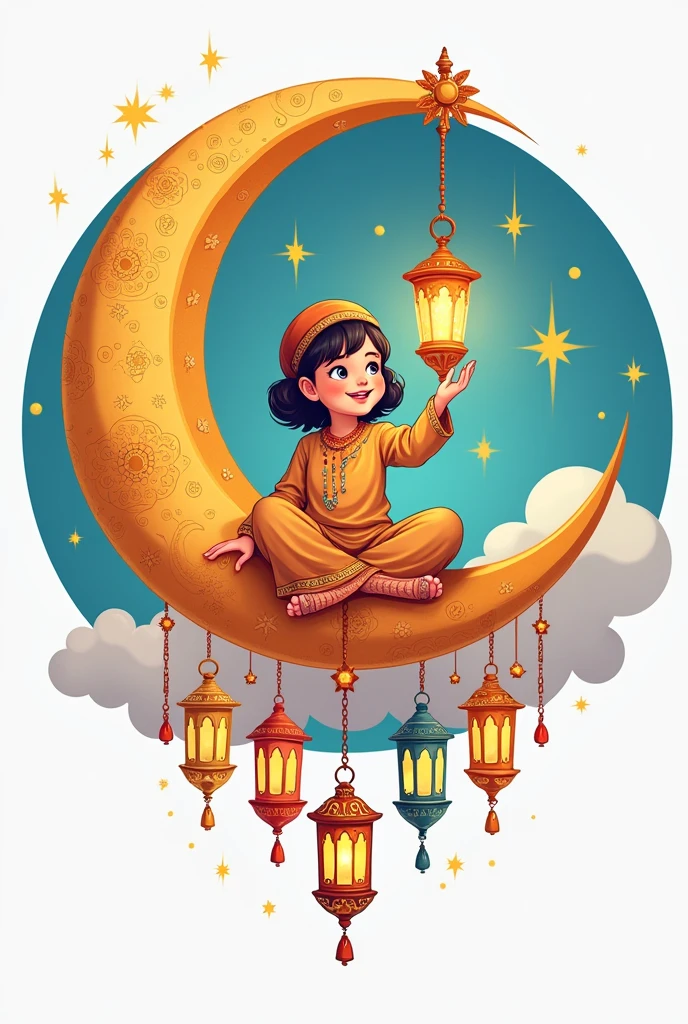 Cartoon vector drawing of colorful line art, create a logo of a child sitting on a yellow crescent moon decorated with Ramadan decorations. A beautiful  sitting on it wearing a beautiful dress and holding a lit Ramadan lantern in her hand. Below the crescent moon there are clouds and a drawing of lantern characters. High-detail vector drawing 