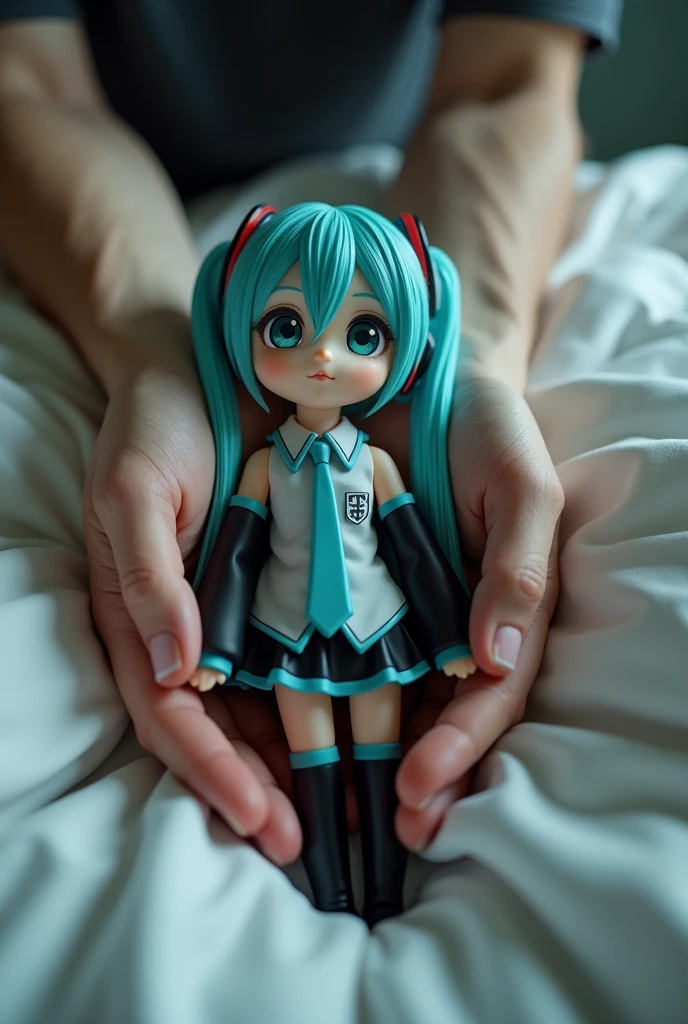 I want you to generate me an image of a white male holding a miku hatsune doll in his hands in his bedroom and only show his hands and the miku doll but make it realistic