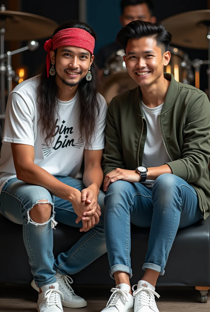 picture of 2 men from Indonesia sitting together... 1 man with long hair wearing a red bandana headband, with decorative earrings in his ears, wearing a white t-shirt with the design "BIM BIM", wearing ripped jeans at the knees, with white shoes, The second man has short, neat hair, wearing a bomber jacket, blue jeans and white shoes... the picture is with a drum set in the background...