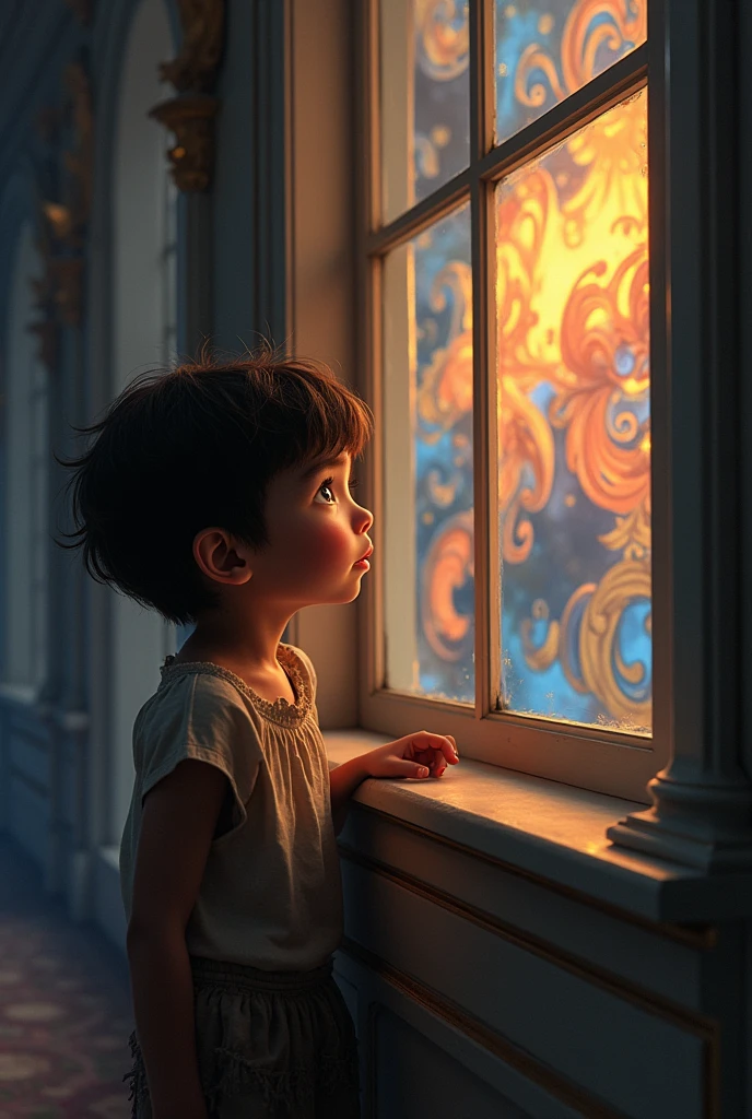 A poor child peeks through the window of a rich man's house and watches cartoons on TV