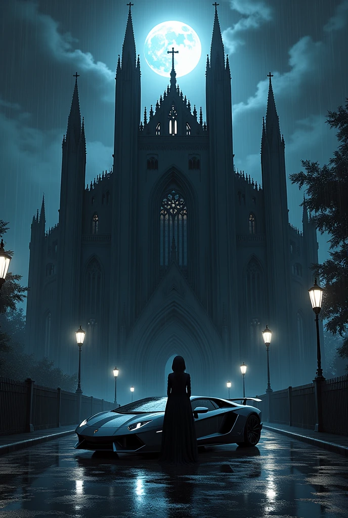 A black big charch type building and balck anime going through in a road and Lamborghini black at front and raining and full moon night
