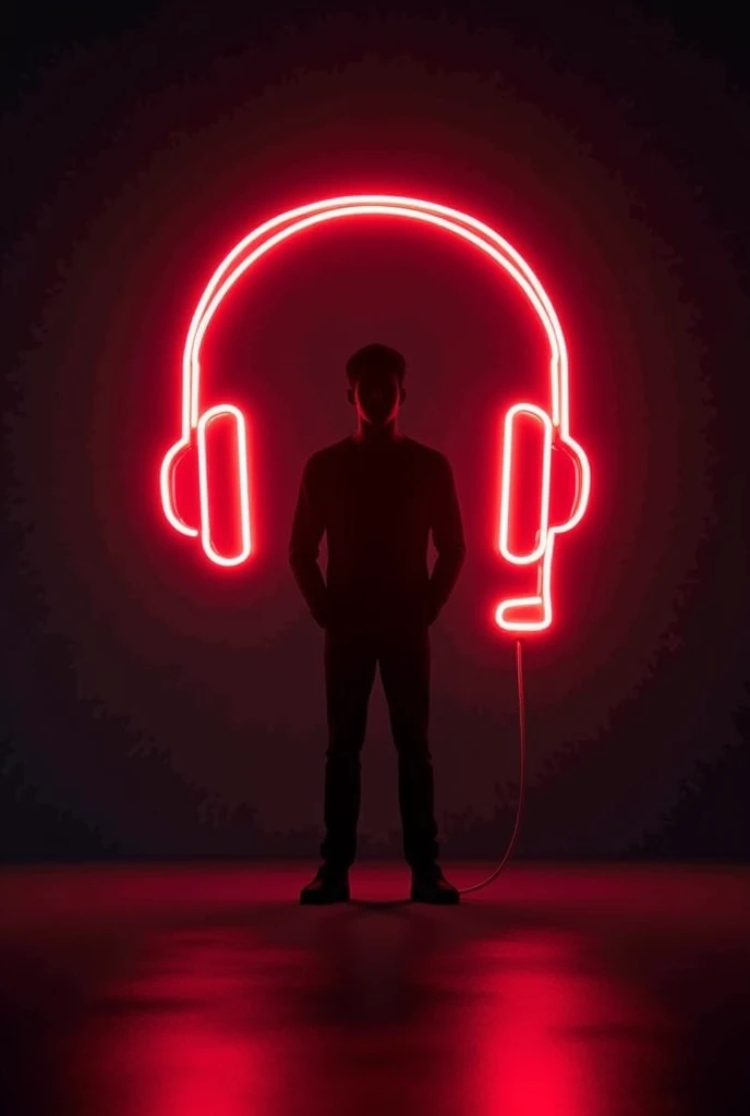 A glowing neon red headset icon with microphone stand, symbolizing support and assistance, with a futuristic and clean design. A person is placed in the center of a black background, lightly textured, with red neon light