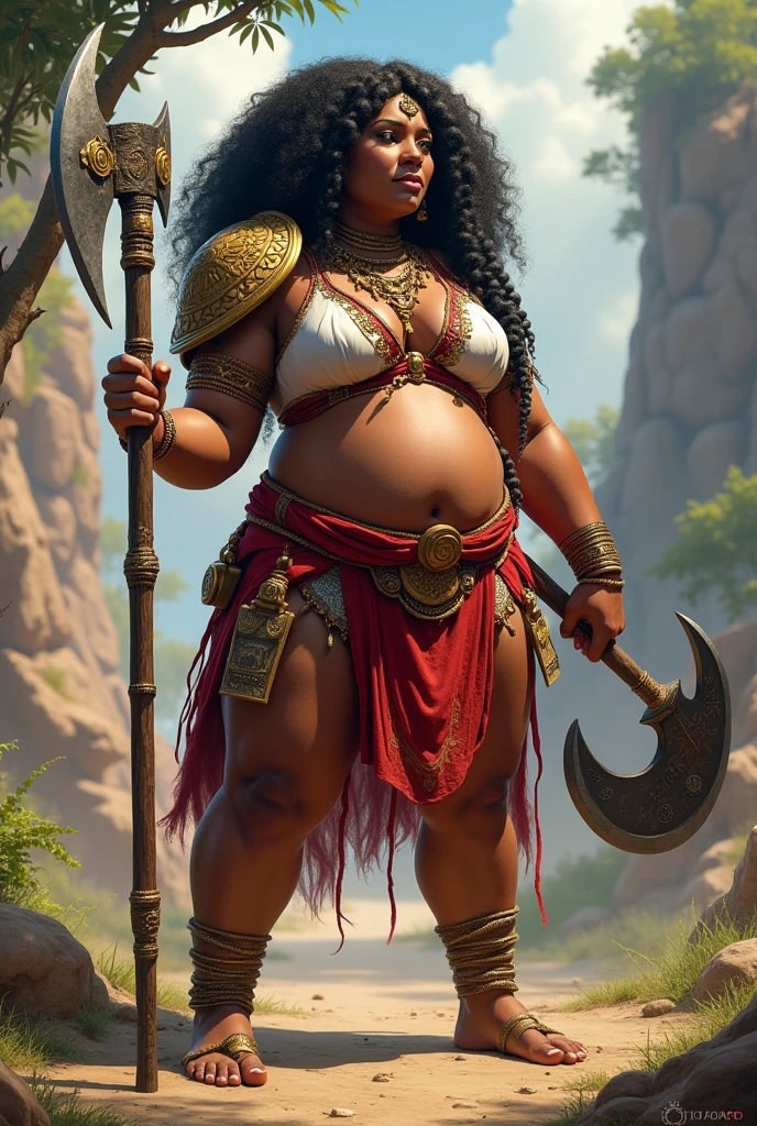 A Beautiful Woman with a Fat and Strong Body, pot-bellied. Strong-armed Tribal Warrior, Afro hair with Nagô braids, Using a large War Axe, Clothes in Red Colors, white and gold, Protective bracelets, Reinforced shoulder pad. Great Warrior of Xango