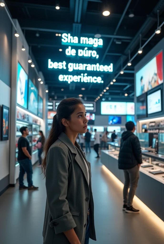 A tech store with a sign reading "Mejor Experiencia Garantizada," but with few customers inside and a salesperson with a worried expression