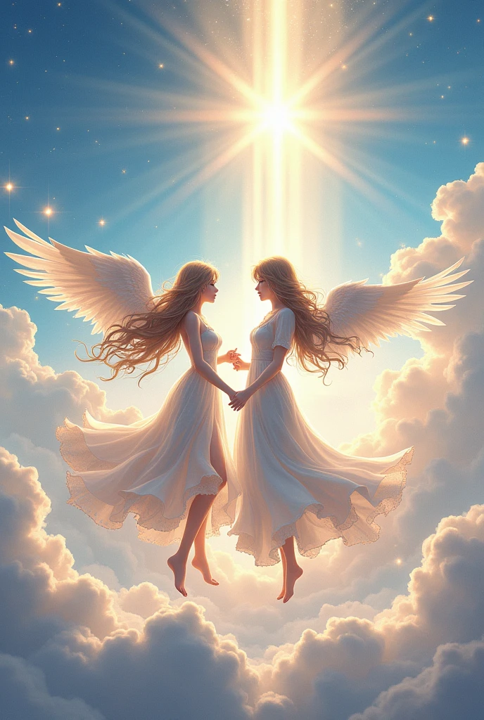 Large detailed image of a couple, man and woman, anime style angels dancing on the clouds , amidst the brightness of the sun and stars