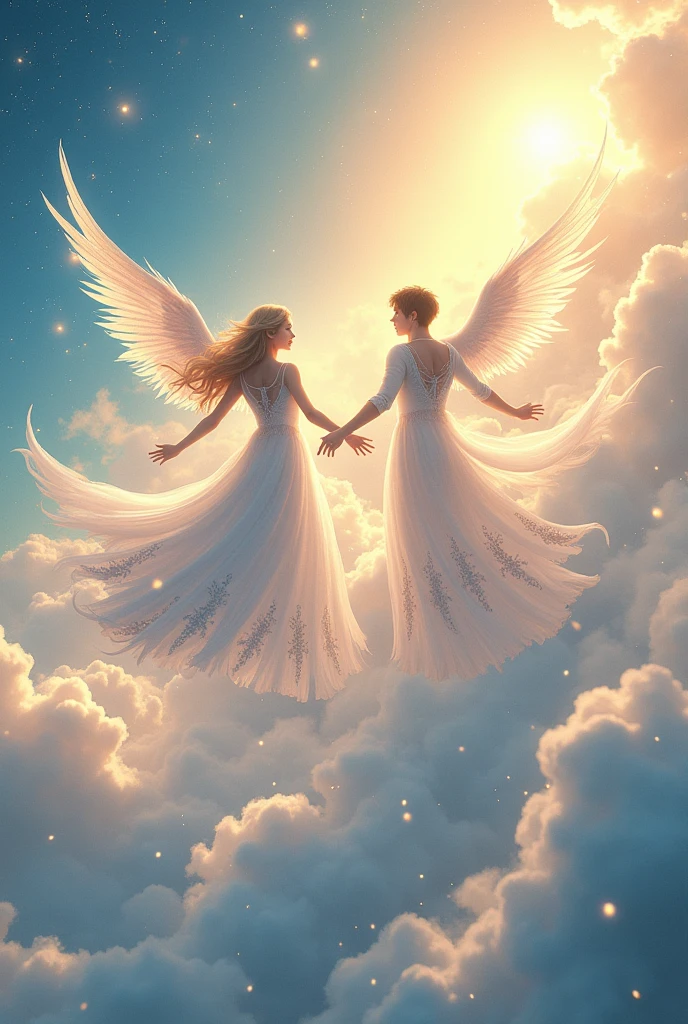 Large detailed image of a couple, man and woman, anime style angels dancing on the clouds , amidst the brightness of the sun and stars