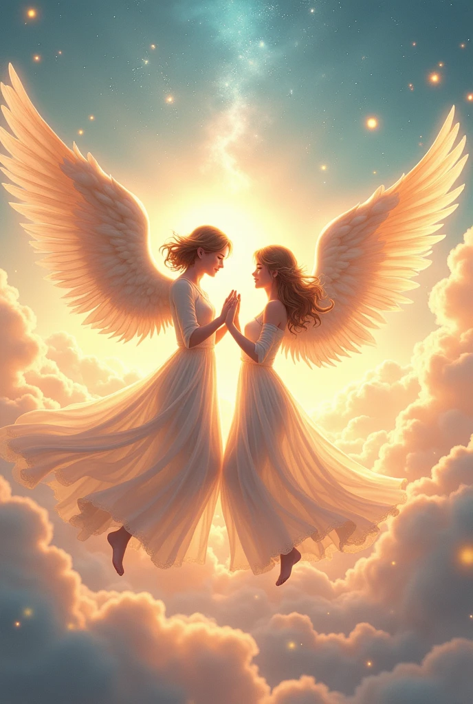 Large detailed image of a couple, man and woman, anime style angels dancing on the clouds , amidst the brightness of the sun and stars