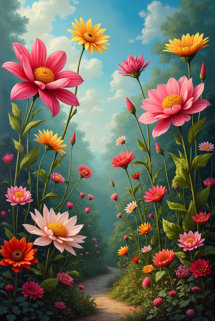 Make a painting of a garden where the flowers are the destination, science, the religion, life, death,, God bullying, the music, the happiness, and adolescence