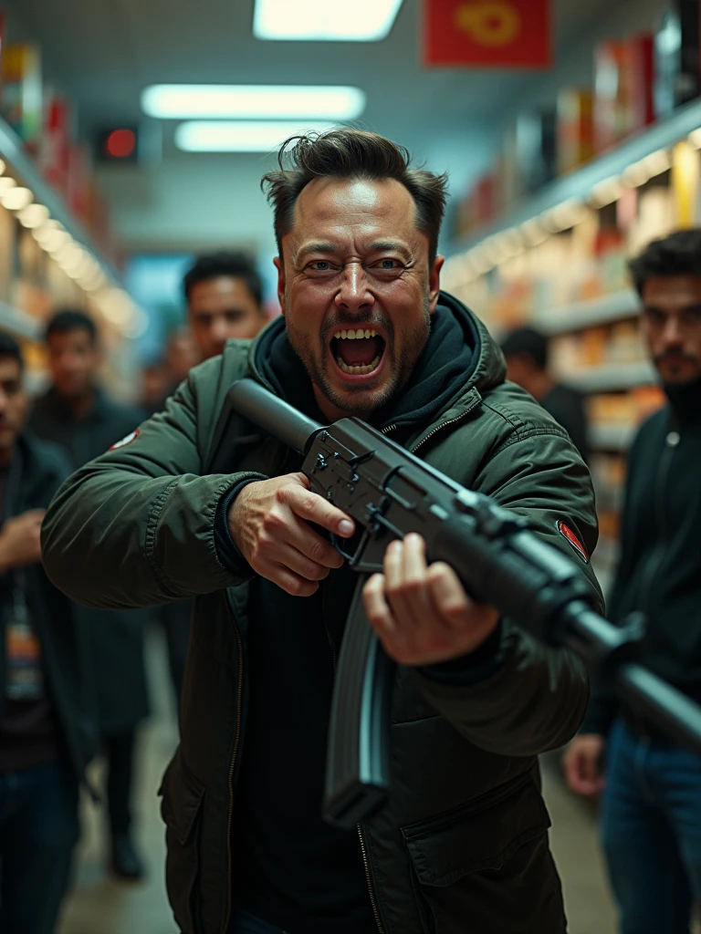 elon musk robs a store at gunpoint, holding an ak47, ultra realistic