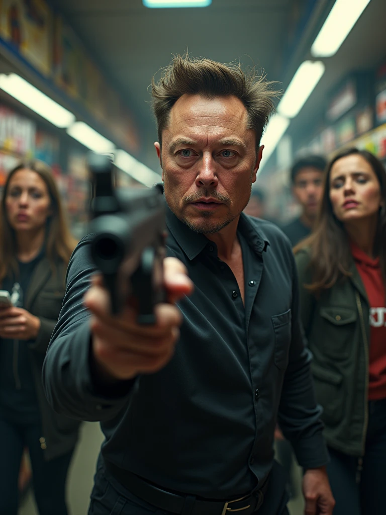 elon musk robs a store at gunpoint, holding an ak47, ultra realistic
