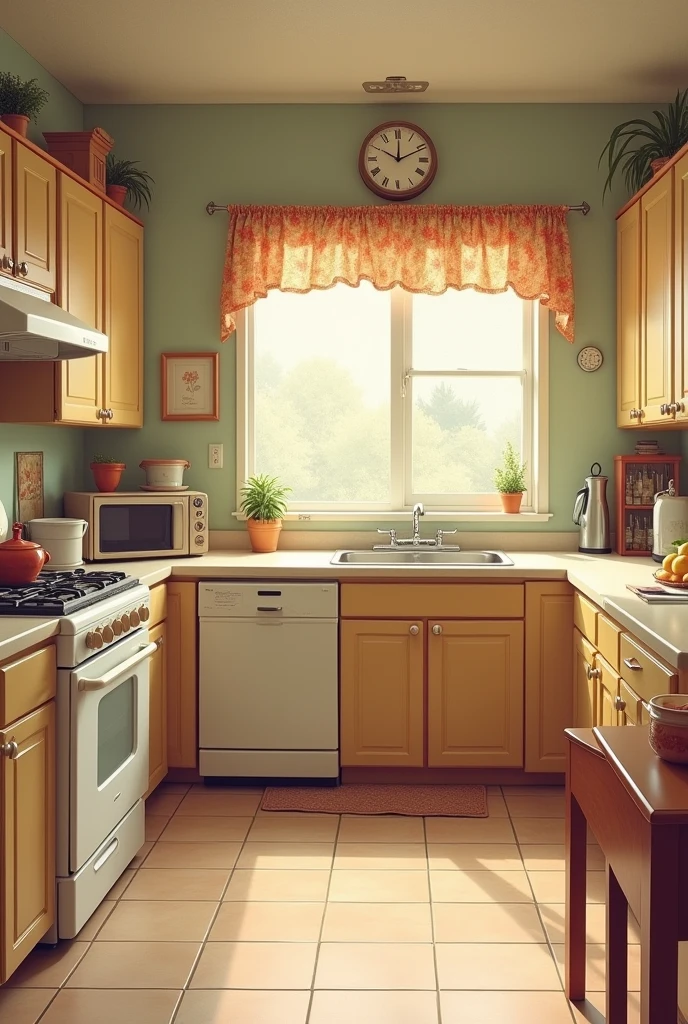 An illustration of an empty family kitchen from the 1980s,  
