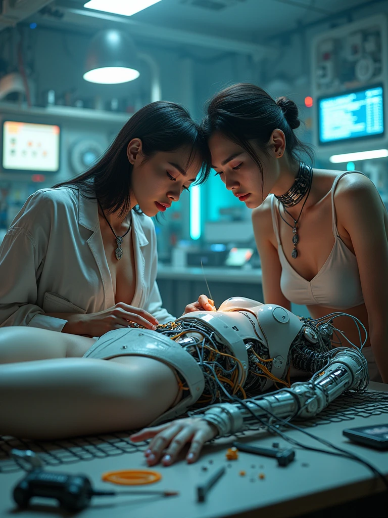 Nude female cyborg with many cables half disassembled on a laboratory table being examined by another beautiful female cyborg, messy environment, neon and led lights, futuristic environment super detailed and sharp image, image photo resolution 300 dpi