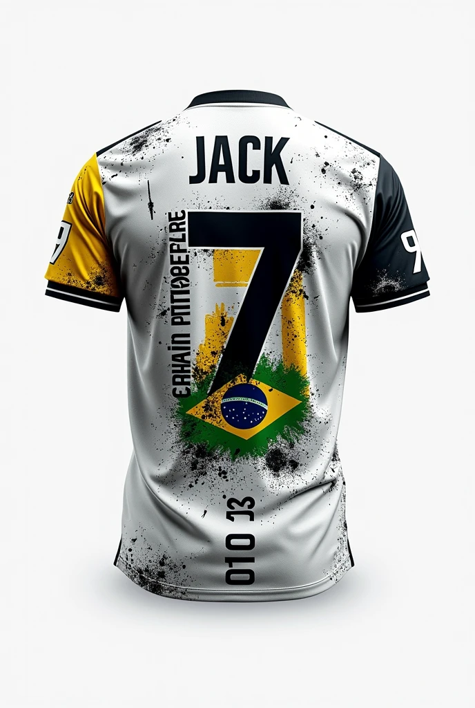 Make the back of a white interclass shirt, whose front part is already done with black details of scratches on the shirt and in the upper corner , This part of the shirt must contain the number 7 with the name Jack written on top and a small Brazilian flag a little below the collar and below the number the name Palheiro Pampeano in small letters and the sleeve part must have the numbers 9, 0, 5 respectively lined up one on top of the other