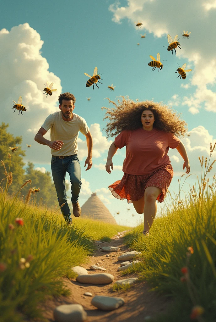 A tall, thin man and a fat, long-haired woman, running away from bees after they threw a rock at the hive. The hive is stuck in a tree stump. Realistic image in Caatinga vegetation.