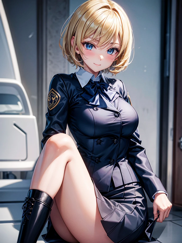 Anime style, super fine illustration, highly detailed, beautiful detailed, perfect detailed, super high quality image, static representation, gentle expression, happy expression, the pretty image, super stylish, 8k, beautiful face, handsome face, perfect & pretty 1girl with blonde straight short hair & blue eyes & a bright smile & full bust & soft fair skin is a sexy career woman supervisor who is not to show her skin wearing big light blue business shirt & black summer tailored jacket & black tight skirt & black pantyhose on the urban business buildings street, in the morning, solo, perfect fingers, no more fingers, no less fingers, perfect arms, no more arms, perfect legs, no more legs, no more hair, masterpiece.