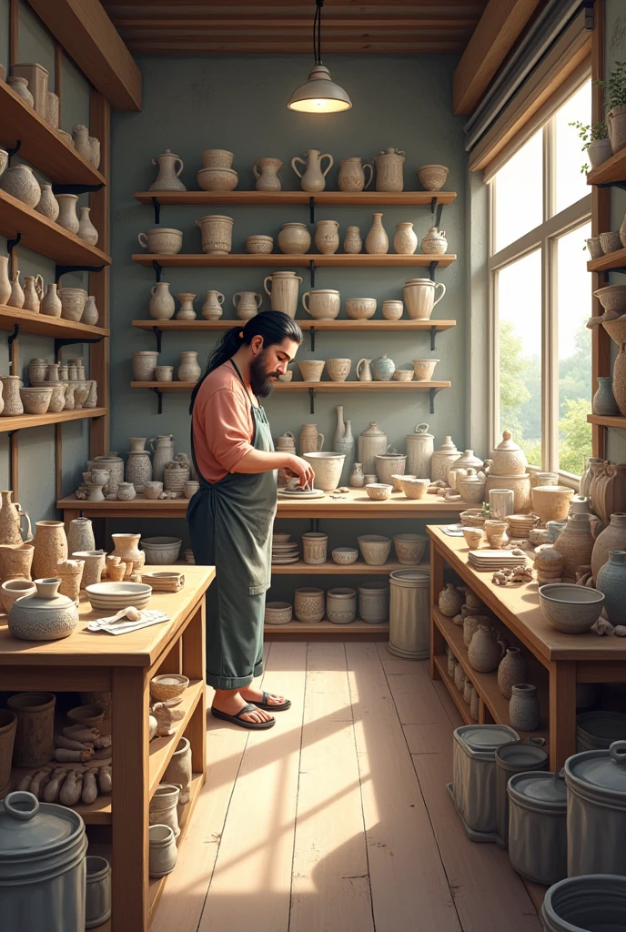 craft studio, many ceramics, ceramic products is being created, worker,