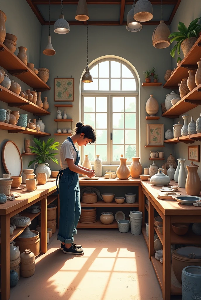 craft studio, many ceramics, ceramic products is being created, worker, 