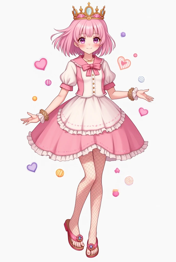 Well, This design, well take it seriously. I need to have a dress that has sleeves, but it has a pink collar and a white vest. In addition to the dress, that reaches more or less a little above the knees, a fishnet stockings, Pastel pink hair with a little bit of long bob. Remember that this is like the sweet princess. The crown that is the sweet princess, which is basically like upwards with a stone on the circular tip. TRUE? Well, Now blush makeup with little things like candy and glitter stuck on the face. And flip flops with pink heels.