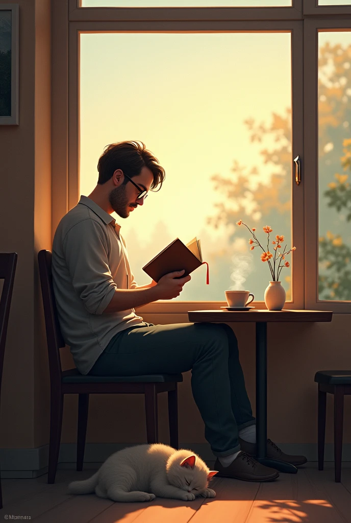 Man wearing glasses sitting in cafe, Reading, kitten sleeping, Dawn is rising by the window