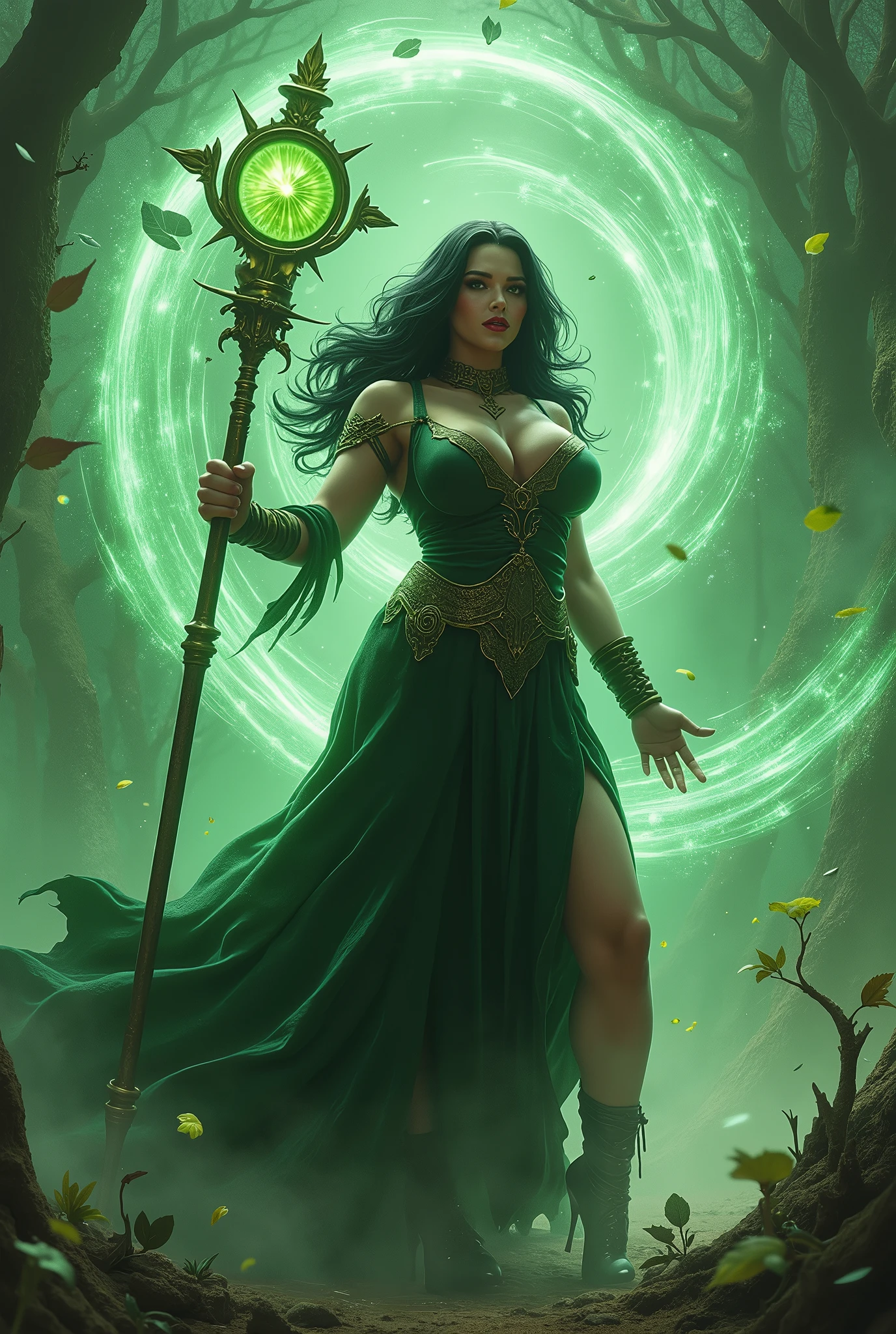 (masterpiece, photorealistic:1.4, extremely intricate:1.3), (photon mapping, radiosity, physically based rendering, ultra resolution, hyper-realistic, photorealistic:1.4, hyper-realistic, 8K), (((glossblack hair, buxom Sylph, large breasts, wide hips))) purple black sorceress, staff raised, leaf wind power