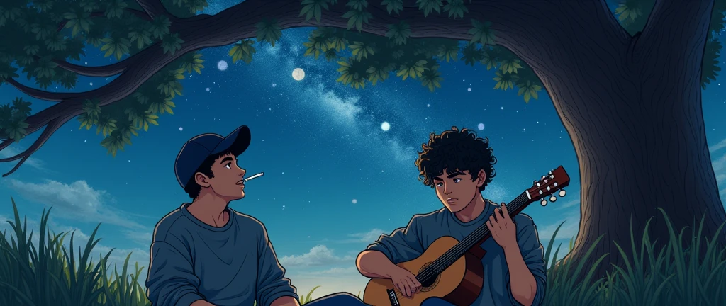 Two young men in sweatshirts under a tree looking at the stars, one wearing a cap smoking and the other with curly hair playing the docerola with a space or in the middle above