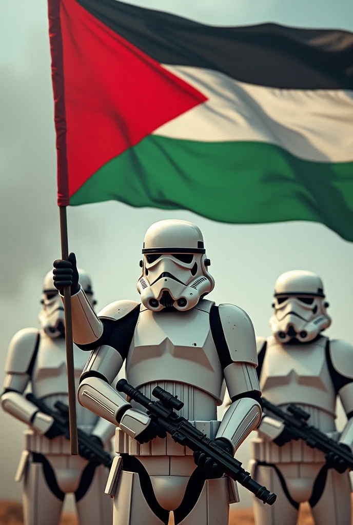 Three stormtroopers fet wave the Palestinese flag