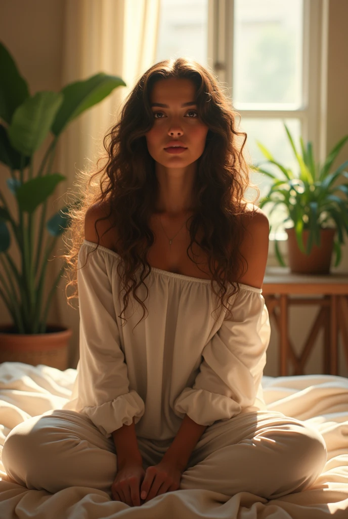 (photorealism:1.2), beautiful woman, sitting on bed, wearing loose off-shoulder top, pajama pants, long curly hair, indoors, soft lighting, plants in background, window with sunlight, cozy room, relaxed pose, realistic, intricate details, warm colors, by Greg Rutkowski, by Alphonse Mucha