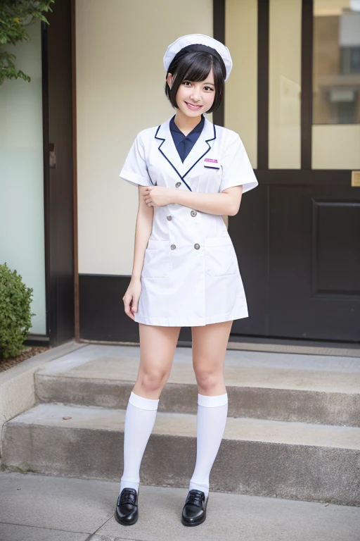White knee-high socks、Nurse uniform、White pumps、Japanese women、whole body、Black Hair、short hair、Standing posture、smile、 High resolution, Gaze, Anatomically correct, Highest quality、20-year-old