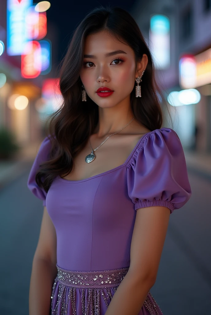 ((a beautiful short height girl full-body view in 9:16 ratio)), wearing a EMBELLISHED skirt dress, purple t-shirt with puffed sleeves, depth of field, night photography, professional photography, high contrast, long brunette hair, silver love pendant necklace, ((red lips)), she looks very elegant and charmingly beautiful with a little sexiness, lovely, ((ultra realistic)), natural facial expression, soft and natural make up, purple elegant earrings, ((red long nails)), in a street , looks to the camera, high heels,.