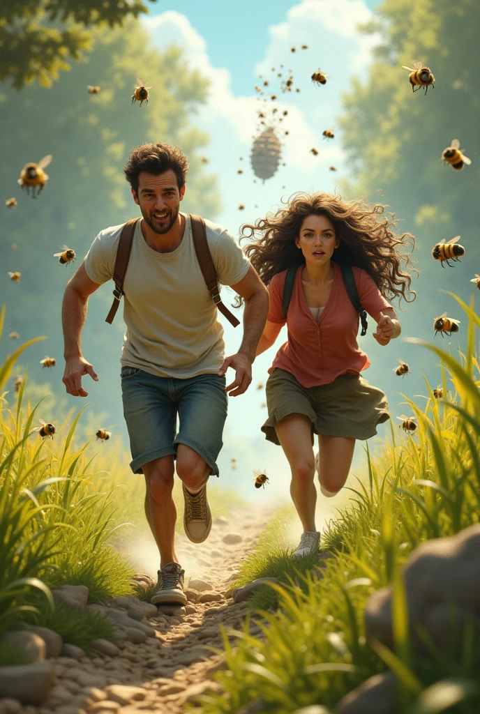 A tall, thin man and a fat, long-haired woman, running away from bees after they threw a stone into the nest.