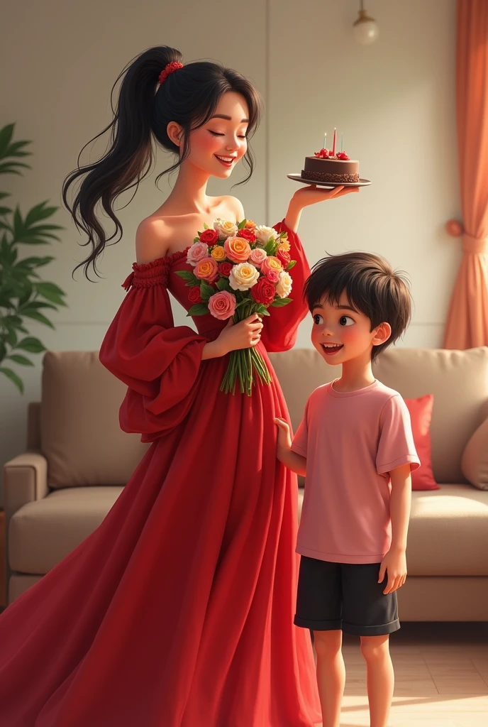 The women waring a red full frock with big hand full sleeve dress with covered nack and she's holding a flower bouquet and another hand holding a small chocolate cake she's standing with she's big brother he's waring a ( pink t shirt and black Shorts) happy face and big smile background like a living room Hair Between Eyes, Ponytail, Smile,