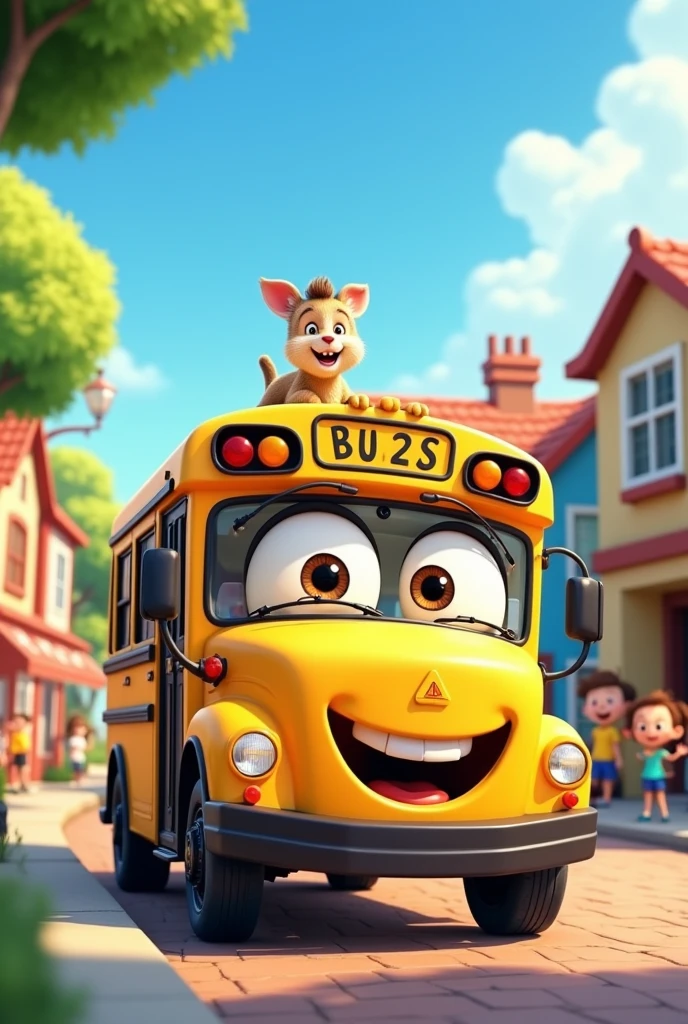 **Title:** The Wheels on the Bus - Fun Sing-Along!

**[Intro Music: Bright, cheerful tune]**

**[Scene 1: A colorful, animated bus is driving down a sunny street. The bus is happy and lively, with big eyes and a smiling face on the front.]**

**Narrator (cheerfully):**  
Hello, little friends! Are you ready for a fun adventure? Let’s hop on the bus and sing together! It’s time for "The Wheels on the Bus!" Here we go!

**[Scene 2: The camera zooms in on the bus’s wheels as they start to turn.]**

**Narrator (singing):**  
🎵 The wheels on the bus go round and round,  
Round and round, round and round,  
The wheels on the bus go round and round,  
All through the town! 🎵

**[The bus drives past colorful houses, waving children, and friendly animals as the wheels spin.]**

**Narrator:**  
Wow, those wheels are spinning fast! But what happens when it starts to rain?

**[Scene 3: The sky turns cloudy, and a light rain begins. The bus’s wipers start moving back and forth.]**

**Narrator (singing):**  
🎵 The wipers on the bus go swish, swish, swish,  
Swish, swish, swish, swish, swish, swish,  
The wipers on the bus go swish, swish, swish,  
All through the town! 🎵

**[The wipers clear the raindrops from the windshield, and the rain soon stops as the sun comes back out.]**

**Narrator:**  
Swish, swish, swish! Now the bus can see clearly again. Let’s honk the horn to say hello to our friends!

**[Scene 4: The bus passes by more children, who wave as the bus honks its horn.]**

**Narrator (singing):**  
🎵 The horn on the bus goes beep, beep, beep,  
Beep, beep, beep, beep, beep, beep,  
The horn on the bus goes beep, beep, beep,  
All through the town! 🎵

**[The bus beeps and the children on the sidewalk wave and laugh.]**

**Narrator:**  
Beep, beep! The bus is making so many new friends. But what about the doors? Let’s see what they do!

**[Scene 5: The bus stops, and the doors open and close as passengers get on and off.]**

**Narrator (singing):**  
🎵 The doors on the bu