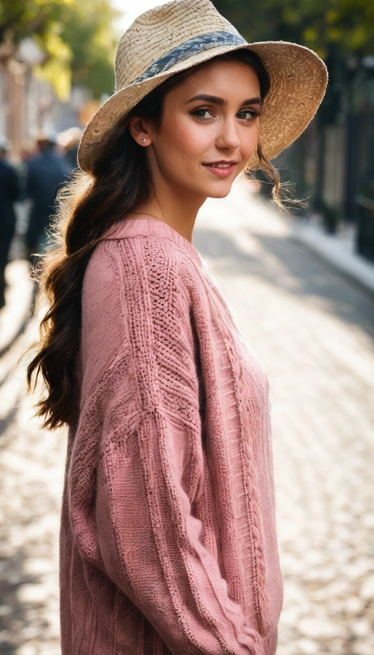 nina_dobrev,happy, smiling, long hair, realistic, colorful knitted sweater, over-ear headphones, walking down a picturesque road, 1girl, solo, looking at viewer, hat, upper body, braid, flower, parted lips, twin braids,  straw hat, ((perfect eyes, detailed eyes,realistic eyes)), ((sharp face, detailed face, realistic face, naturtal skin, realistic skin, detailed skin, pores)), (masterpiece, best quality, ultra-detailed, best shadow), high contrast, (best illumination), ((cinematic light)), colorful, hyper detail, dramatic light, intricate details, (1 girl, solo) , ultra detailed artistic photography, dreamy, backlit, shadows, ultra high definition, 8k, ultra sharp focus, ultra high quality model, soft lighting, film photography, analogue photography, hyperrealism,