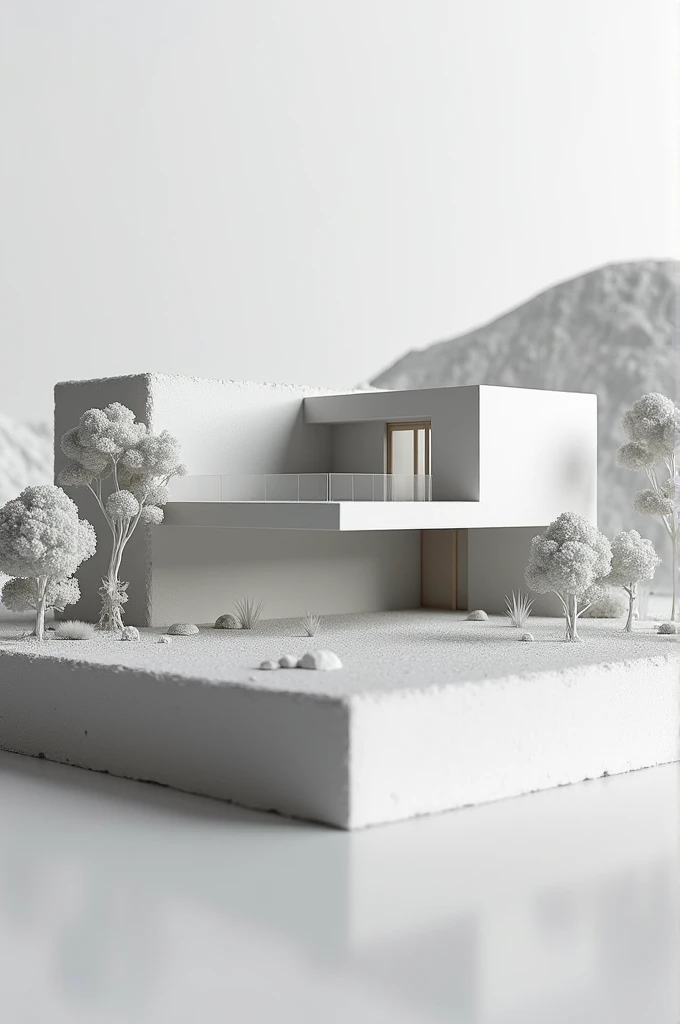 Monochromatic model of a brutalist structure at the foot of a hill surrounded by trees