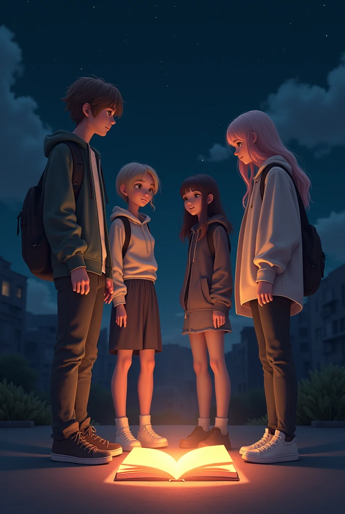 (photorealism:1.2), 1 male teen with hair down, 1 male teen with hair up, 1 short hair female teen, 1 long hair female teen standing in front of a book on the floor. the book is glowing. in the middle of the night outside