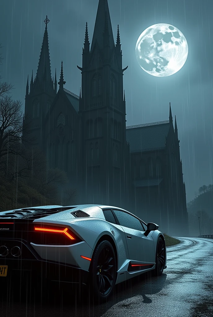 A black big charch type building and going through in a road and Lamborghini white at front and raining and full moon night 
