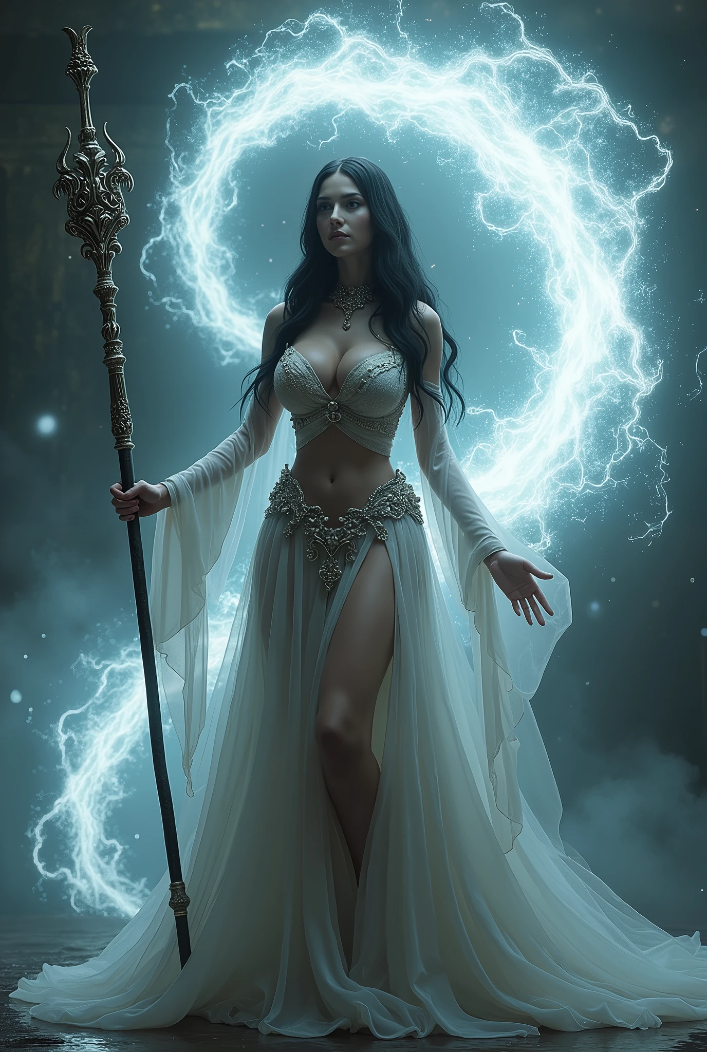 (masterpiece, photorealistic:1.4, extremely intricate:1.3), (photon mapping, radiosity, physically based rendering, ultra resolution, hyper-realistic, photorealistic:1.4, hyper-realistic, 8K), (((glossblack hair, buxom Sylph, large breasts, wide hips))) yellow black sorceress, staff raised, white air power
