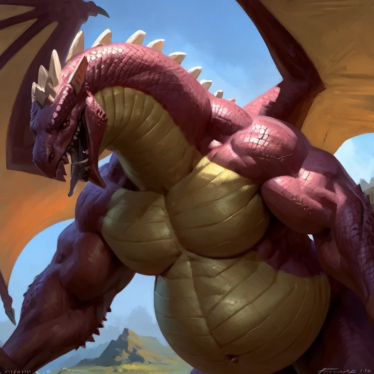 Detailed painting, by Taran Fiddler, closeup, outlook view, wide angle, dragoness, full body, feral, dainty, friendly, colorful, rounded snout, wings, pregnant-like belly, round belly, dominant belly, huge belly, bloated belly, big muscles, wide body, thick body muscles, powerfull muscles, beefy muscles, thick neck, beefy neck, tall, enormous, giant, gigantic, colosssal size, gargantuan, kaiju, powerfull look, badass look, looking at viewer