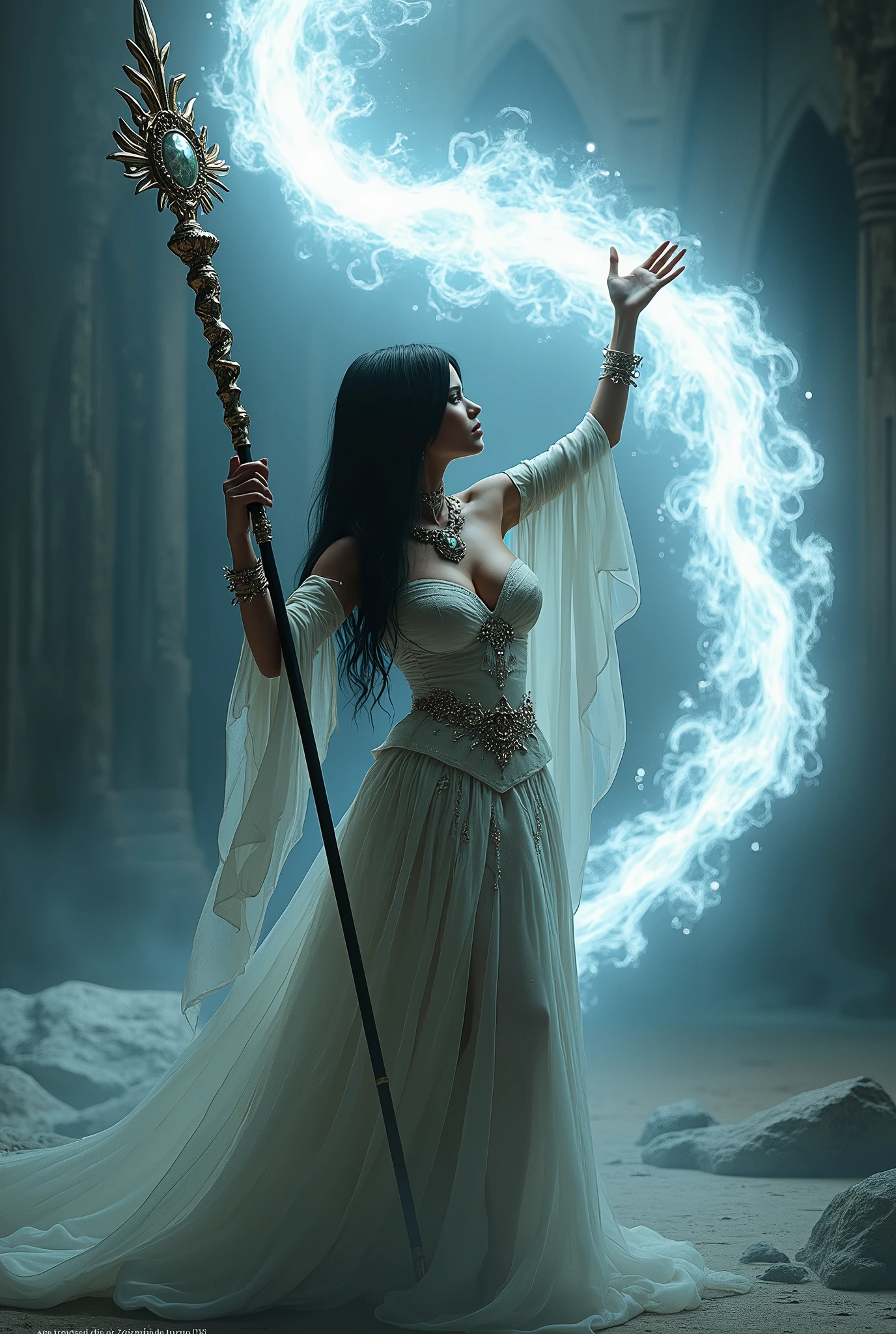 (masterpiece, photorealistic:1.4, extremely intricate:1.3), (photon mapping, radiosity, physically based rendering, ultra resolution, hyper-realistic, photorealistic:1.4, hyper-realistic, 8K), (((glossblack hair, buxom Sylph, large breasts, wide hips))) yellow black sorceress, staff raised, white air power