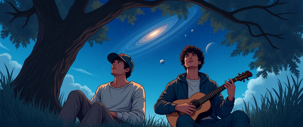 Two young men in sweatshirts under a tree looking at the stars, one wearing a cap smoking and the other with curly hair playing the docerola with a space or in the middle above