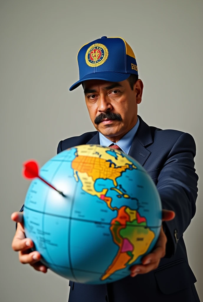 A photo of Nicolas Maduro with a CNE cap throwing a dart at a Globe earth globe, whose dart has landed in North Macedonia