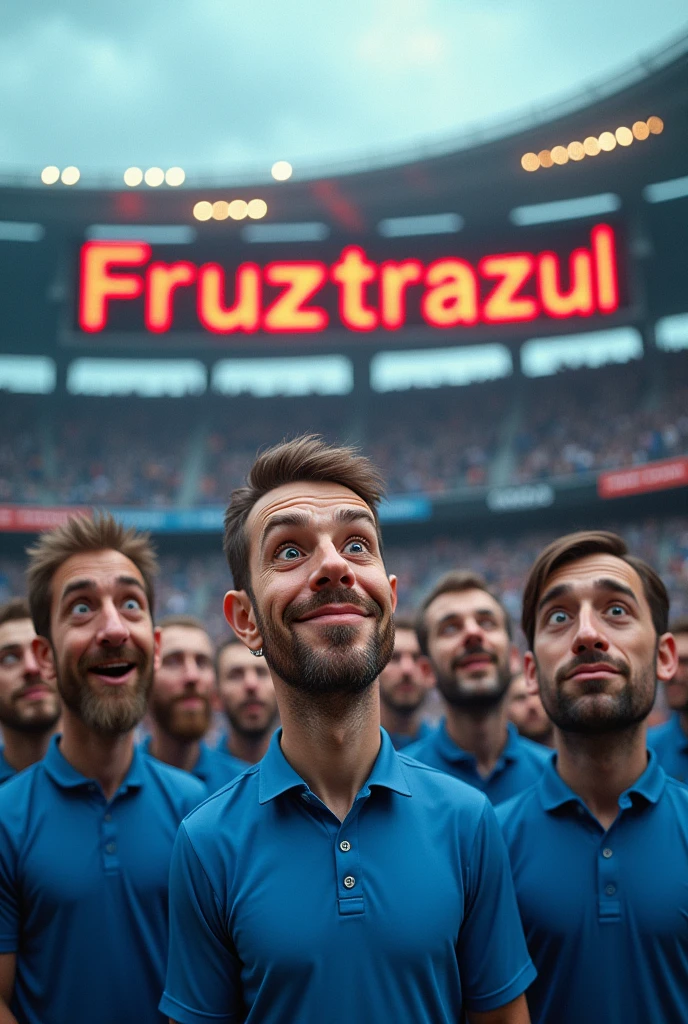 Silly looking men in blue shirts at a football stadium with a led sign that says Fruztrazul