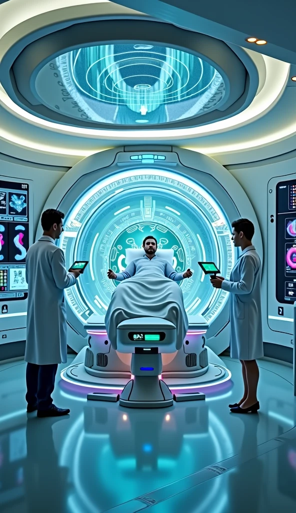 A man receiving treatment in a highly futuristic, immersive hospital room. The room is designed like a high-tech command center with a sleek, rounded structure. The floor is made of reflective, translucent material that shifts colors based on the activity in the room. The central feature is a large, transparent pod that encloses the man, equipped with glowing circuits and holographic projections scanning his veins.

Around the pod, four doctors operate advanced, floating control panels and handheld devices with dynamic, holographic interfaces. These devices are connected to robotic arms that perform precise tasks, like adjusting settings or analyzing data. The room's walls are lined with large, curved screens displaying real-time 3D visualizations of the man's condition, and interactive panels respond to touch.

The ceiling is an intricate array of adjustable light panels and projections that create a calming, ever-changing ambiance, with visual effects that complement the futuristic theme. The overall atmosphere combines cutting-edge technology with a sci-fi feel, creating a visually captivating and technologically advanced environment.