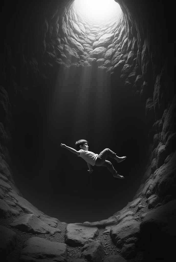 A boy. Who fall down in the well. Black and white pictures 
