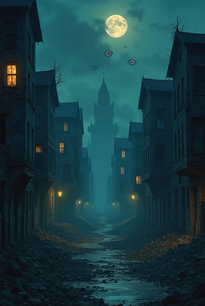 BREAK (masterpiece:1.2), best quality, high resolution, unity 8k wallpaper, (illustration:0.8), (beautiful detailed eyes:1.6), extremely detailed, perfect lighting, extremely detailed CG, City in ruins, houses and buildings, open windows, scary atmosphere, eyes looking at the viewer, no humans, solo, empty scenery, night, no humana