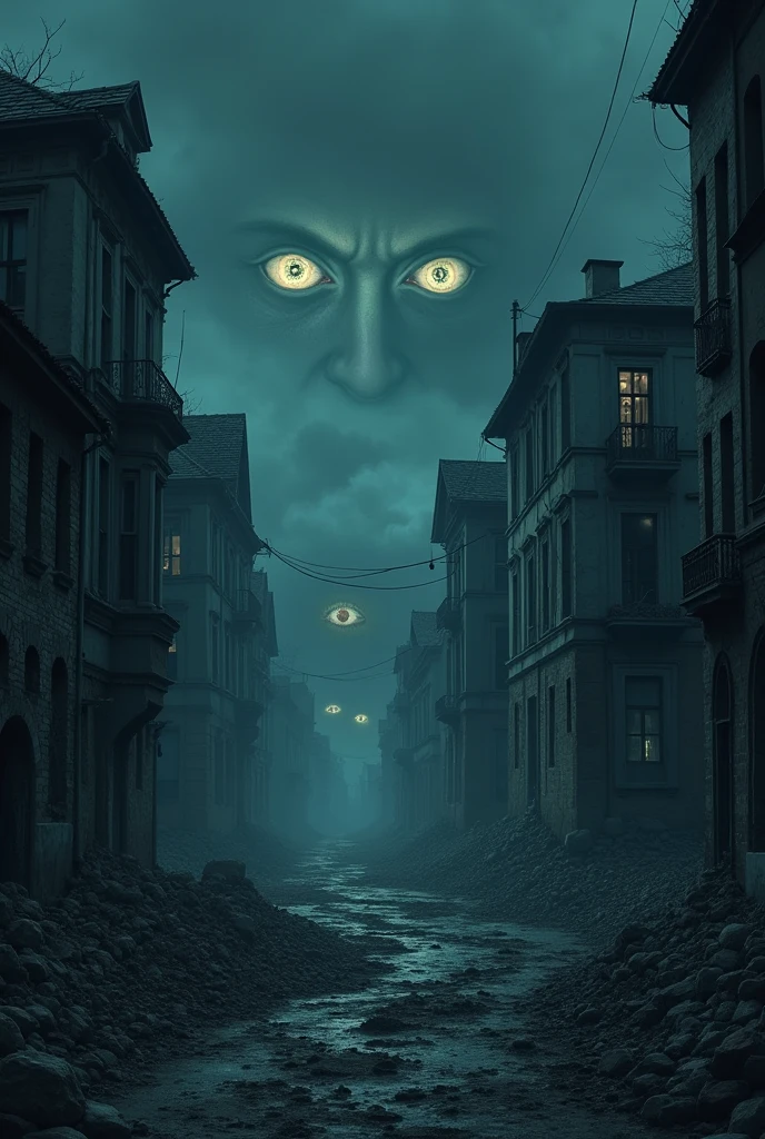 BREAK (masterpiece:1.2), best quality, high resolution, unity 8k wallpaper, (illustration:0.8), (beautiful detailed eyes:1.6), extremely detailed, perfect lighting, extremely detailed CG, City in ruins, houses and buildings, open windows, scary atmosphere, eyes looking at the viewer, no humans, solo, empty scenery, night, no humana