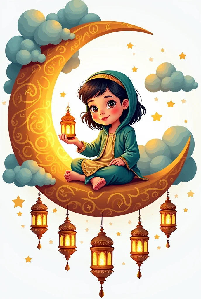 Cartoon vector drawing of colorful line art, create a logo of a child sitting on a yellow crescent moon decorated with Ramadan decorations. A beautiful sitting on it wearing a beautiful dress and holding a lit Ramadan lantern in her hand. Below the crescent moon there are clouds and a drawing of lantern characters. High-detail vector drawing